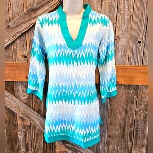 Ladies’ Annie Griffin Linen-blend Tunic Blouse Small Geometric Blue Zig Zag